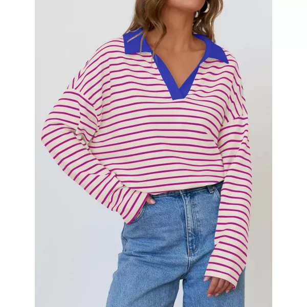 ZESICA Womens Striped Long Sleeve Shirts 2024 Casual V Neck Oversized Sweatshirt Loose Fit Tunic Tops Fall BlousesRose