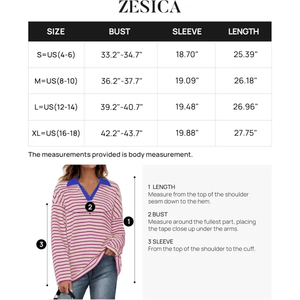 ZESICA Womens Striped Long Sleeve Shirts 2024 Casual V Neck Oversized Sweatshirt Loose Fit Tunic Tops Fall BlousesRose