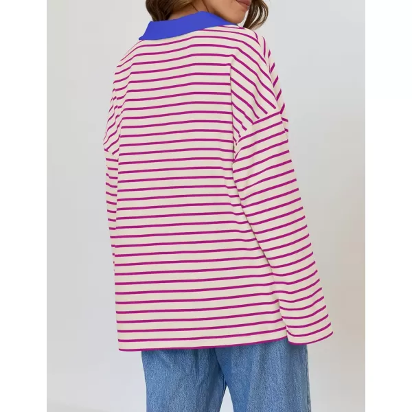 ZESICA Womens Striped Long Sleeve Shirts 2024 Casual V Neck Oversized Sweatshirt Loose Fit Tunic Tops Fall BlousesRose