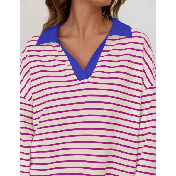 ZESICA Womens Striped Long Sleeve Shirts 2024 Casual V Neck Oversized Sweatshirt Loose Fit Tunic Tops Fall BlousesRose