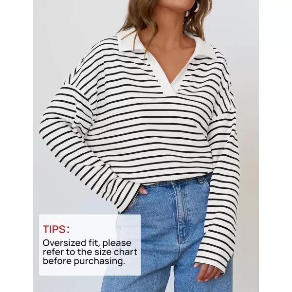 ZESICA Womens Striped Long Sleeve Shirts 2024 Casual V Neck Oversized Sweatshirt Loose Fit Tunic Tops Fall BlousesWhite