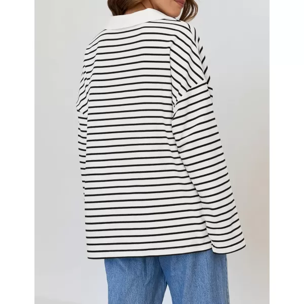 ZESICA Womens Striped Long Sleeve Shirts 2024 Casual V Neck Oversized Sweatshirt Loose Fit Tunic Tops Fall BlousesWhite