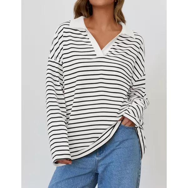 ZESICA Womens Striped Long Sleeve Shirts 2024 Casual V Neck Oversized Sweatshirt Loose Fit Tunic Tops Fall BlousesWhite