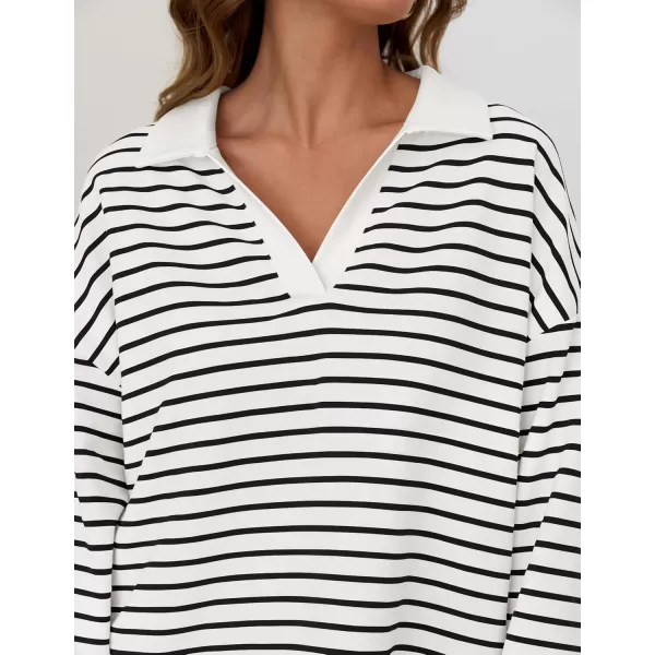 ZESICA Womens Striped Long Sleeve Shirts 2024 Casual V Neck Oversized Sweatshirt Loose Fit Tunic Tops Fall BlousesWhite