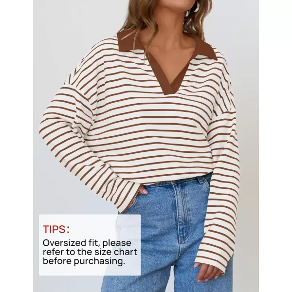 ZESICA Womens Striped Long Sleeve Shirts 2024 Casual V Neck Oversized Sweatshirt Loose Fit Tunic Tops Fall BlousesWhite Brown