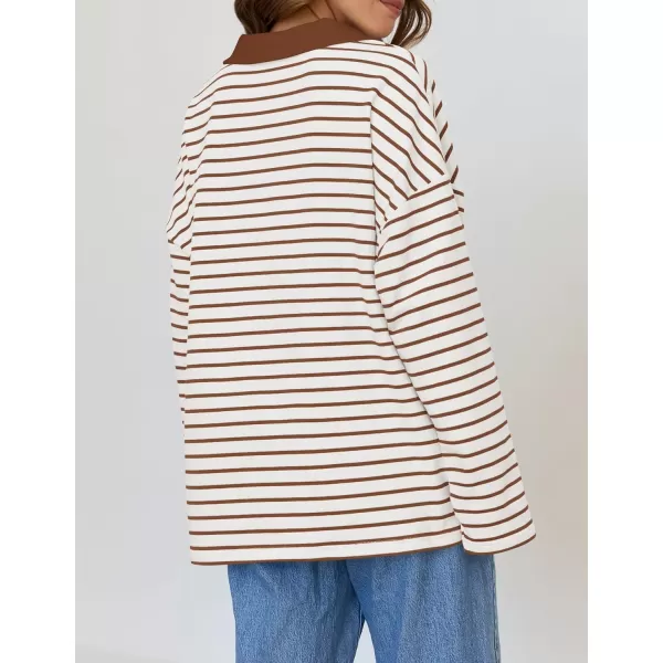ZESICA Womens Striped Long Sleeve Shirts 2024 Casual V Neck Oversized Sweatshirt Loose Fit Tunic Tops Fall BlousesWhite Brown