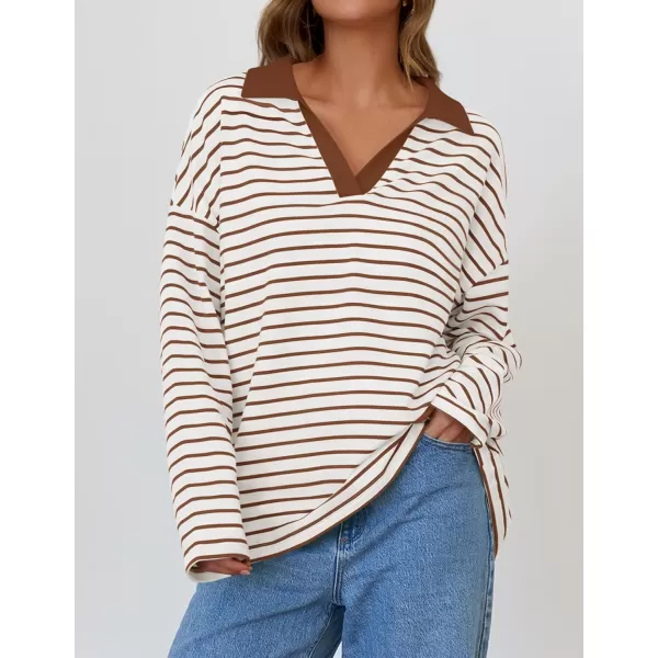 ZESICA Womens Striped Long Sleeve Shirts 2024 Casual V Neck Oversized Sweatshirt Loose Fit Tunic Tops Fall BlousesWhite Brown