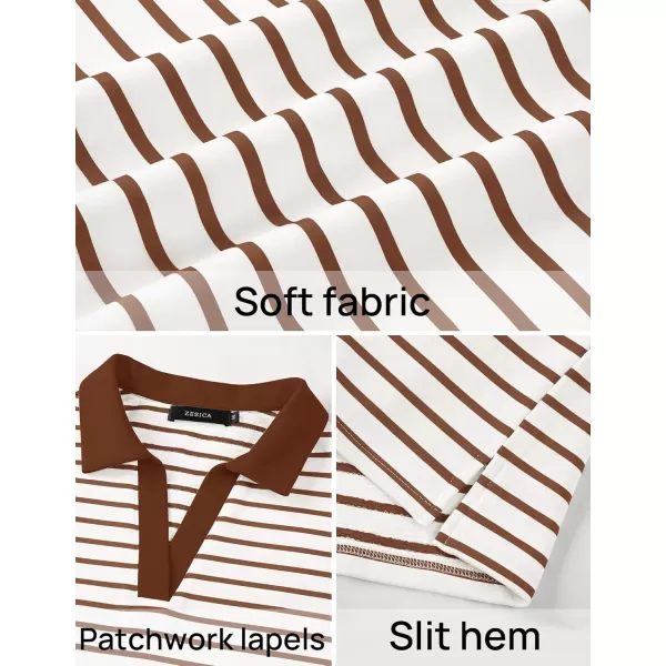 ZESICA Womens Striped Long Sleeve Shirts 2024 Casual V Neck Oversized Sweatshirt Loose Fit Tunic Tops Fall BlousesWhite Brown
