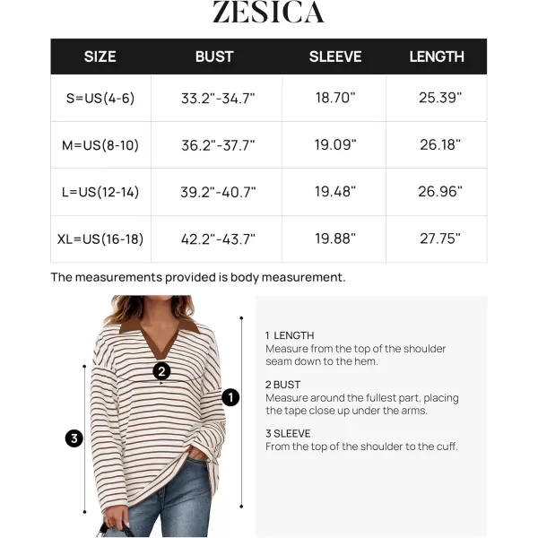 ZESICA Womens Striped Long Sleeve Shirts 2024 Casual V Neck Oversized Sweatshirt Loose Fit Tunic Tops Fall BlousesWhite Brown