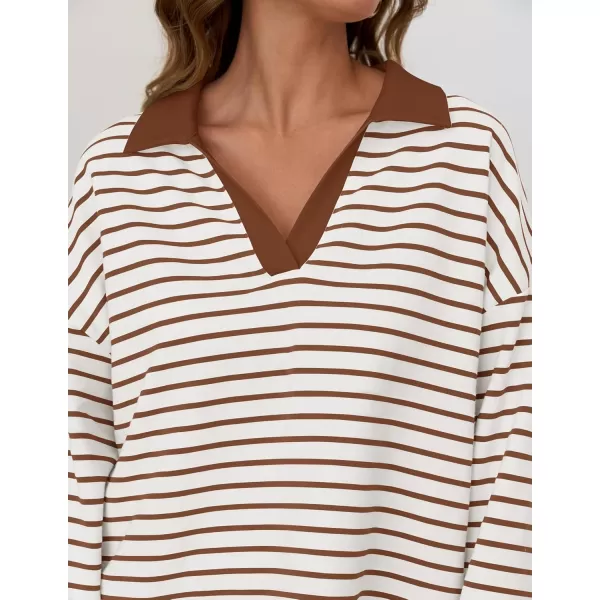 ZESICA Womens Striped Long Sleeve Shirts 2024 Casual V Neck Oversized Sweatshirt Loose Fit Tunic Tops Fall BlousesWhite Brown