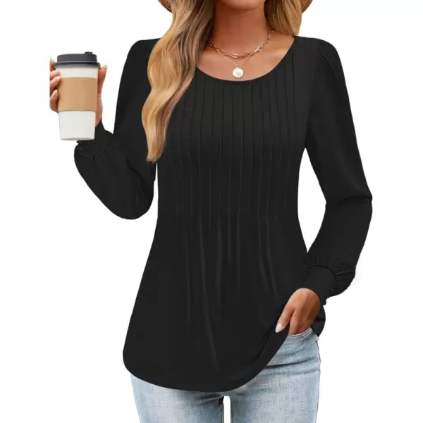 ZESICA Long Sleeve Shirts for Women Fall Tops Crew Neck Pleated Casual Tunic BlousesBlack