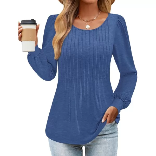 ZESICA Long Sleeve Shirts for Women Fall Tops Crew Neck Pleated Casual Tunic BlousesBlue