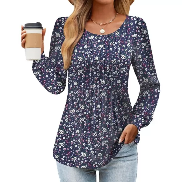 ZESICA Long Sleeve Shirts for Women Fall Tops Crew Neck Pleated Casual Tunic BlousesBlue Floral