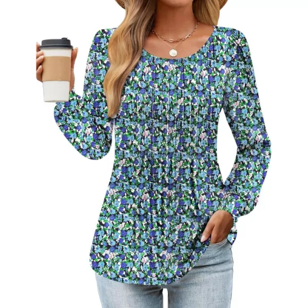 ZESICA Long Sleeve Shirts for Women Fall Tops Crew Neck Pleated Casual Tunic BlousesBlue Pink
