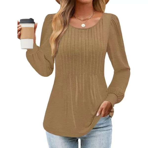 ZESICA Long Sleeve Shirts for Women Fall Tops Crew Neck Pleated Casual Tunic BlousesBrown