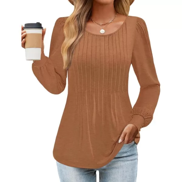 ZESICA Long Sleeve Shirts for Women Fall Tops Crew Neck Pleated Casual Tunic BlousesCaramel