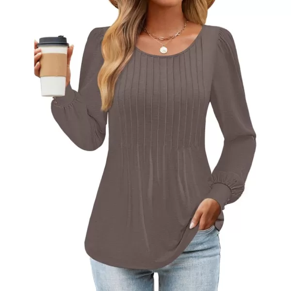 ZESICA Long Sleeve Shirts for Women Fall Tops Crew Neck Pleated Casual Tunic BlousesCoffeegrey