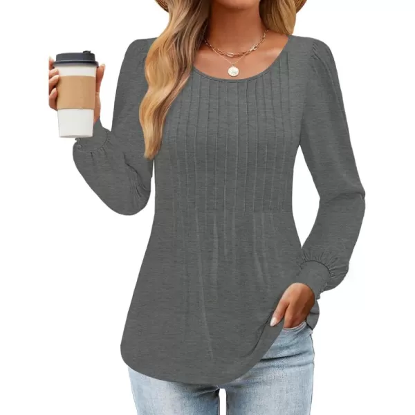 ZESICA Long Sleeve Shirts for Women Fall Tops Crew Neck Pleated Casual Tunic BlousesDarkgrey