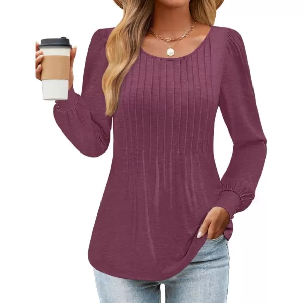 ZESICA Long Sleeve Shirts for Women Fall Tops Crew Neck Pleated Casual Tunic BlousesFuchsia