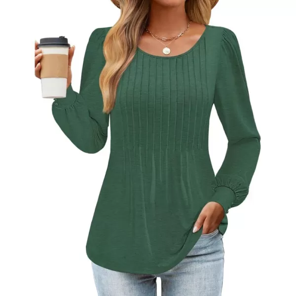 ZESICA Long Sleeve Shirts for Women Fall Tops Crew Neck Pleated Casual Tunic BlousesGreen