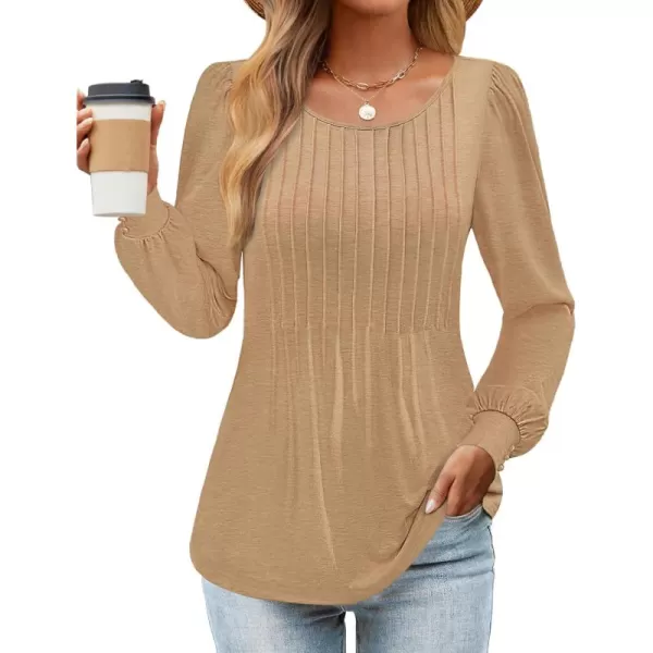 ZESICA Long Sleeve Shirts for Women Fall Tops Crew Neck Pleated Casual Tunic BlousesKhaki