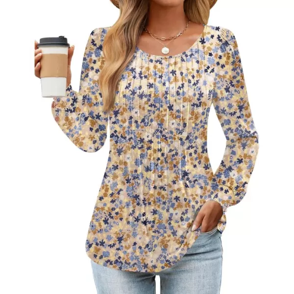 ZESICA Long Sleeve Shirts for Women Fall Tops Crew Neck Pleated Casual Tunic BlousesNewyork Apricot
