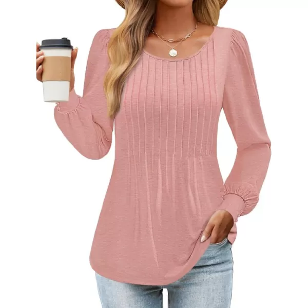 ZESICA Long Sleeve Shirts for Women Fall Tops Crew Neck Pleated Casual Tunic BlousesPink