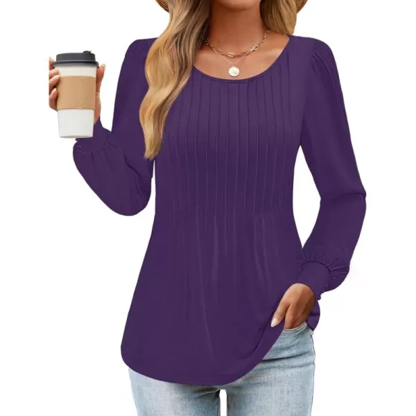 ZESICA Long Sleeve Shirts for Women Fall Tops Crew Neck Pleated Casual Tunic BlousesPurple
