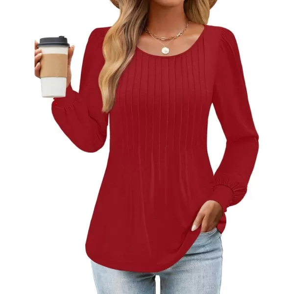 ZESICA Long Sleeve Shirts for Women Fall Tops Crew Neck Pleated Casual Tunic BlousesRed