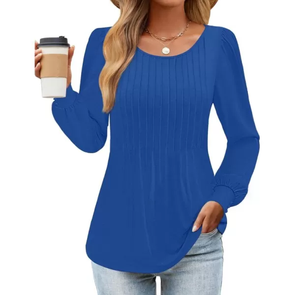 ZESICA Long Sleeve Shirts for Women Fall Tops Crew Neck Pleated Casual Tunic BlousesRoyalblue