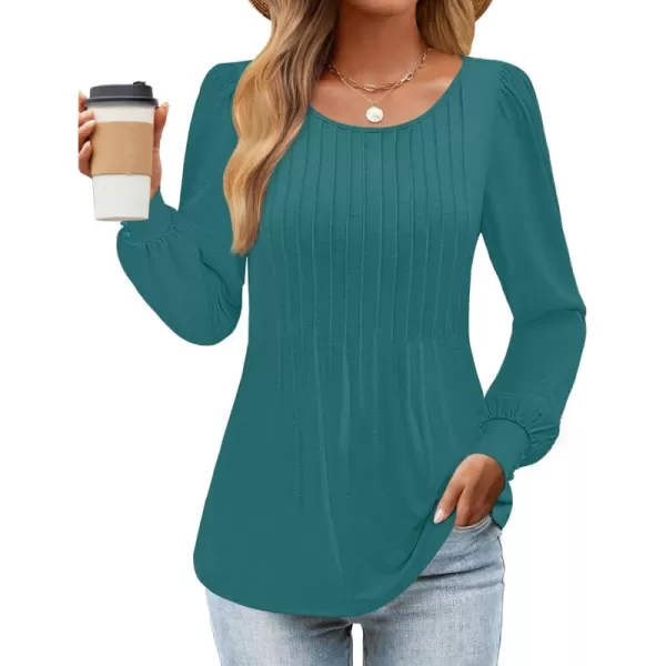 ZESICA Long Sleeve Shirts for Women Fall Tops Crew Neck Pleated Casual Tunic BlousesTeal