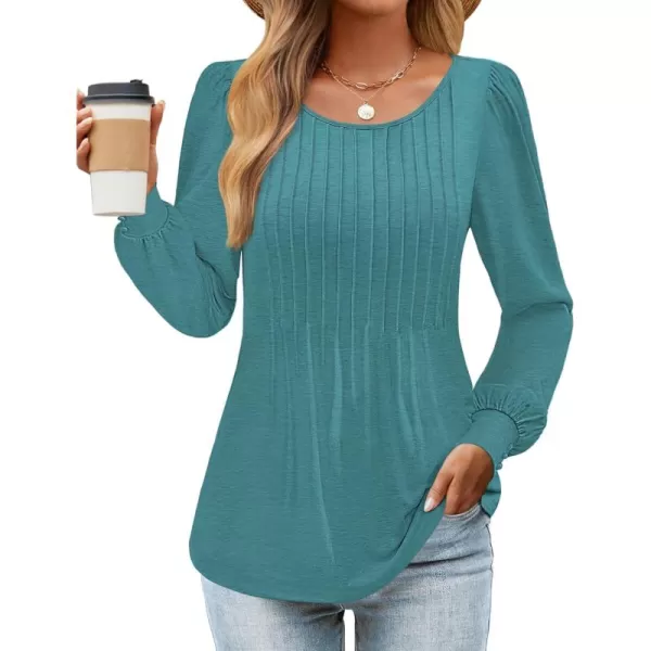 ZESICA Long Sleeve Shirts for Women Fall Tops Crew Neck Pleated Casual Tunic BlousesTurquoise