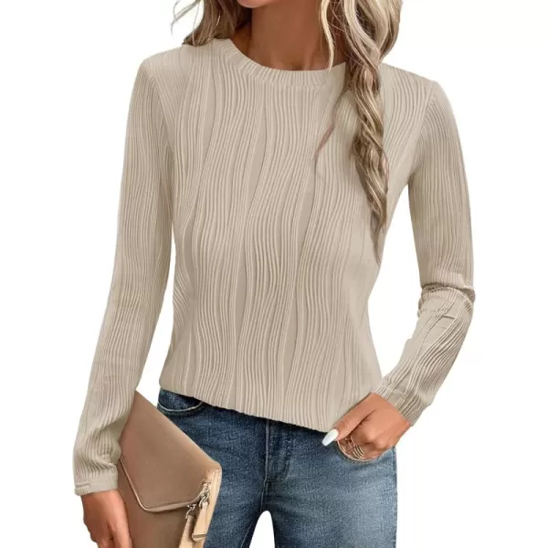 ZESICA Long Sleeve Shirts for Women Tops Fall Fashion 2024 Trendy Slim fit Textured TshirtsApricot