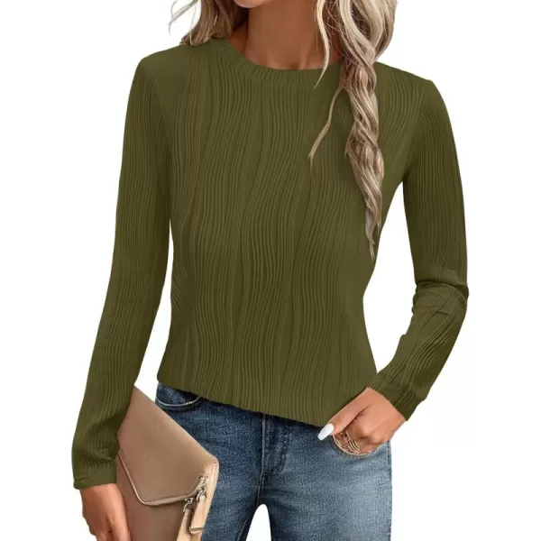 ZESICA Long Sleeve Shirts for Women Tops Fall Fashion 2024 Trendy Slim fit Textured TshirtsArmygreen