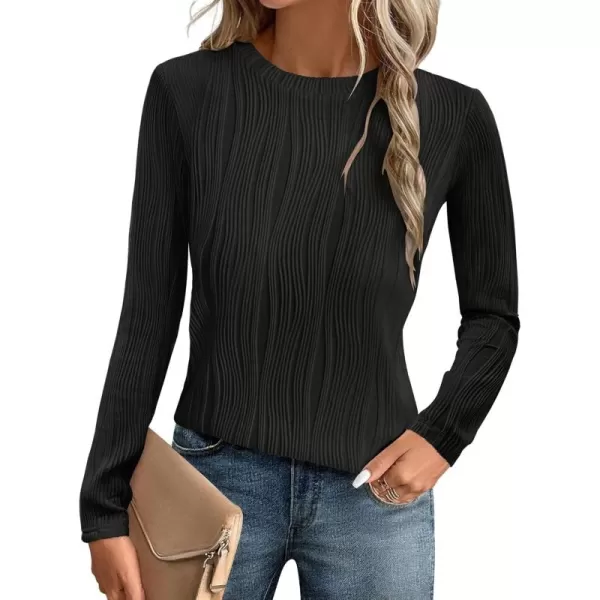 ZESICA Long Sleeve Shirts for Women Tops Fall Fashion 2024 Trendy Slim fit Textured TshirtsBlack