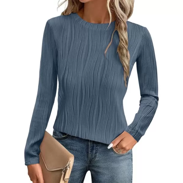 ZESICA Long Sleeve Shirts for Women Tops Fall Fashion 2024 Trendy Slim fit Textured TshirtsBlue