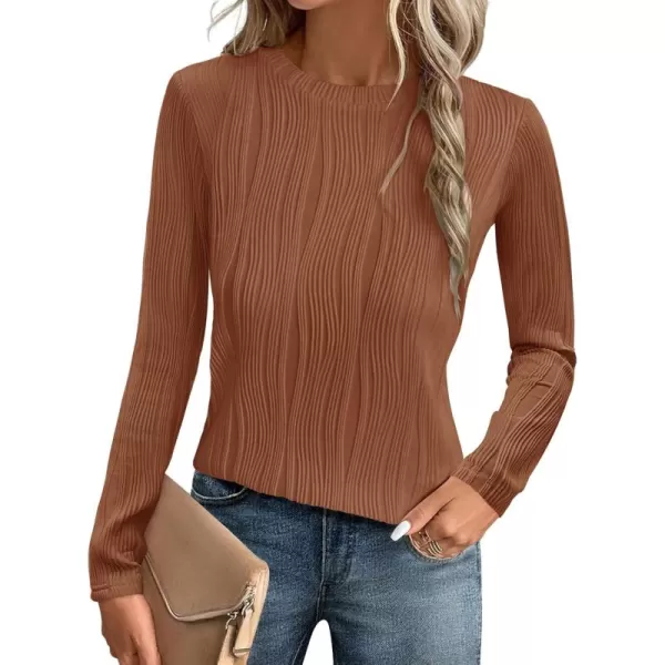 ZESICA Long Sleeve Shirts for Women Tops Fall Fashion 2024 Trendy Slim fit Textured TshirtsBrown