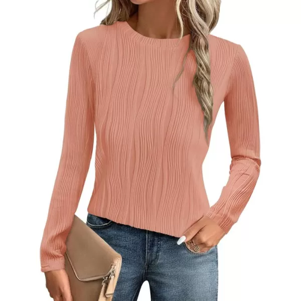 ZESICA Long Sleeve Shirts for Women Tops Fall Fashion 2024 Trendy Slim fit Textured TshirtsCoralred