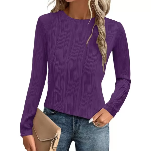 ZESICA Long Sleeve Shirts for Women Tops Fall Fashion 2024 Trendy Slim fit Textured TshirtsDarkpurple