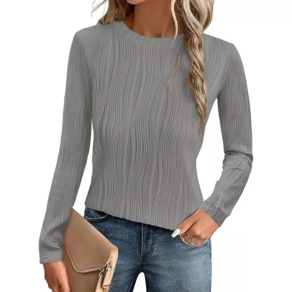 ZESICA Long Sleeve Shirts for Women Tops Fall Fashion 2024 Trendy Slim fit Textured TshirtsGray