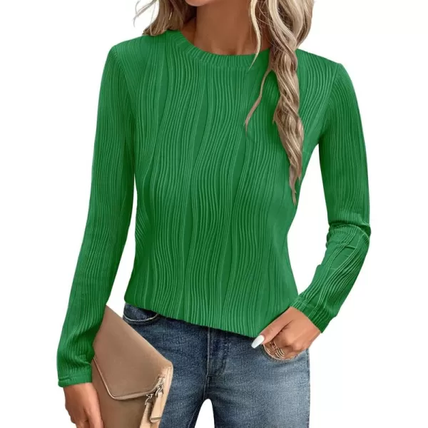 ZESICA Long Sleeve Shirts for Women Tops Fall Fashion 2024 Trendy Slim fit Textured TshirtsGreen