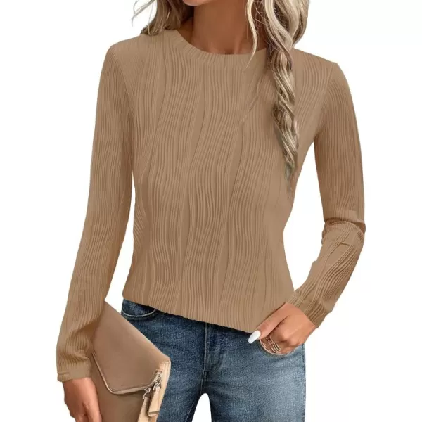 ZESICA Long Sleeve Shirts for Women Tops Fall Fashion 2024 Trendy Slim fit Textured TshirtsKhaki