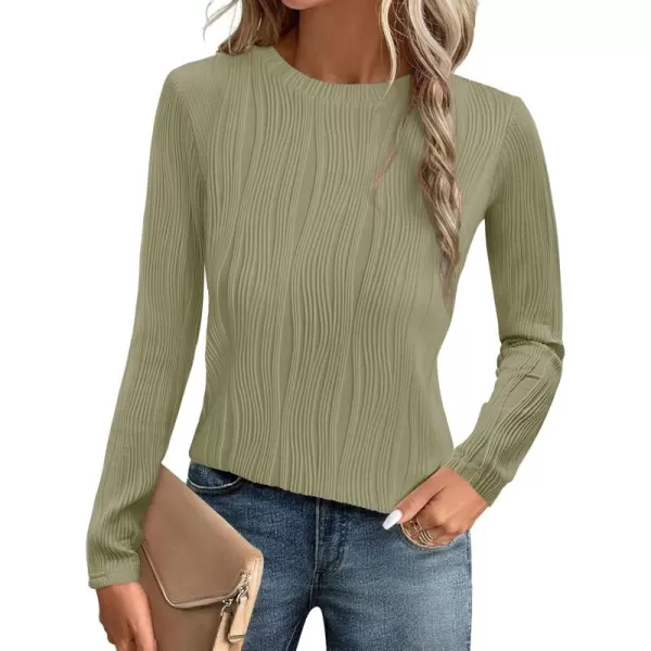 ZESICA Long Sleeve Shirts for Women Tops Fall Fashion 2024 Trendy Slim fit Textured TshirtsLightgreen