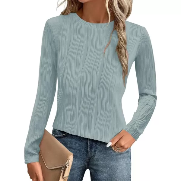 ZESICA Long Sleeve Shirts for Women Tops Fall Fashion 2024 Trendy Slim fit Textured TshirtsMistblue