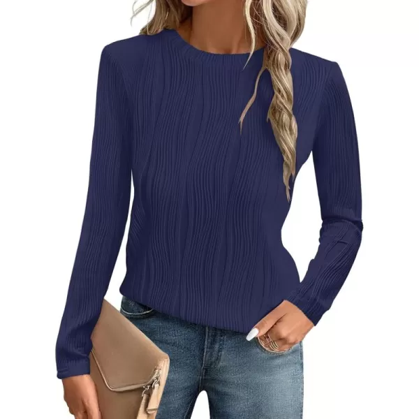 ZESICA Long Sleeve Shirts for Women Tops Fall Fashion 2024 Trendy Slim fit Textured TshirtsNavy