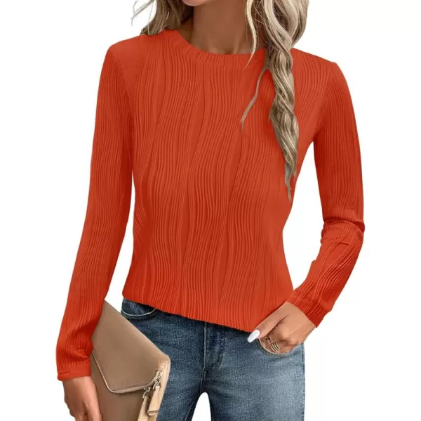 ZESICA Long Sleeve Shirts for Women Tops Fall Fashion 2024 Trendy Slim fit Textured TshirtsOrange