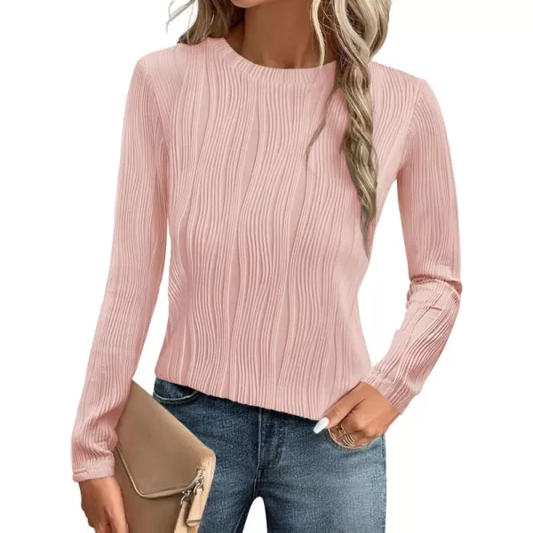ZESICA Long Sleeve Shirts for Women Tops Fall Fashion 2024 Trendy Slim fit Textured TshirtsPink