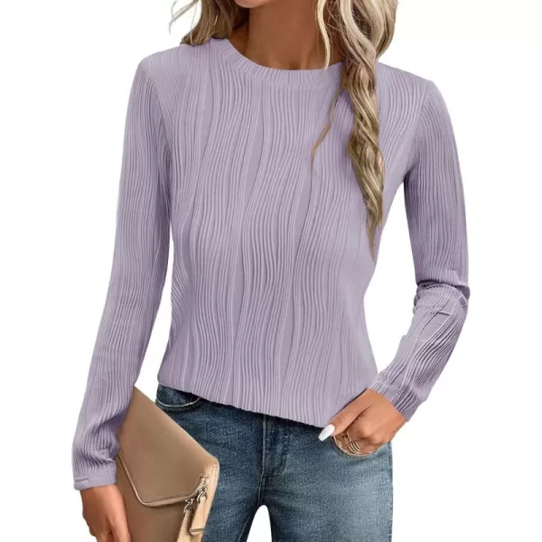 ZESICA Long Sleeve Shirts for Women Tops Fall Fashion 2024 Trendy Slim fit Textured TshirtsPurple