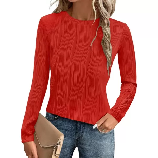 ZESICA Long Sleeve Shirts for Women Tops Fall Fashion 2024 Trendy Slim fit Textured TshirtsRed