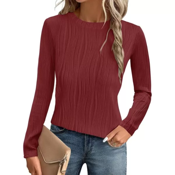 ZESICA Long Sleeve Shirts for Women Tops Fall Fashion 2024 Trendy Slim fit Textured TshirtsRedwine